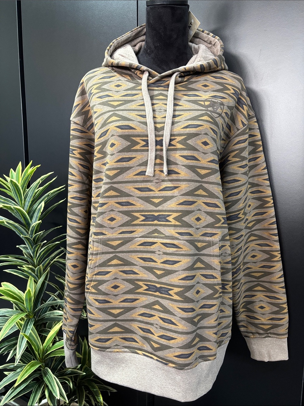 Ariat All Over Hood Sweatshirt,khaki Southwest pattern,fleece lined,pouch pocket